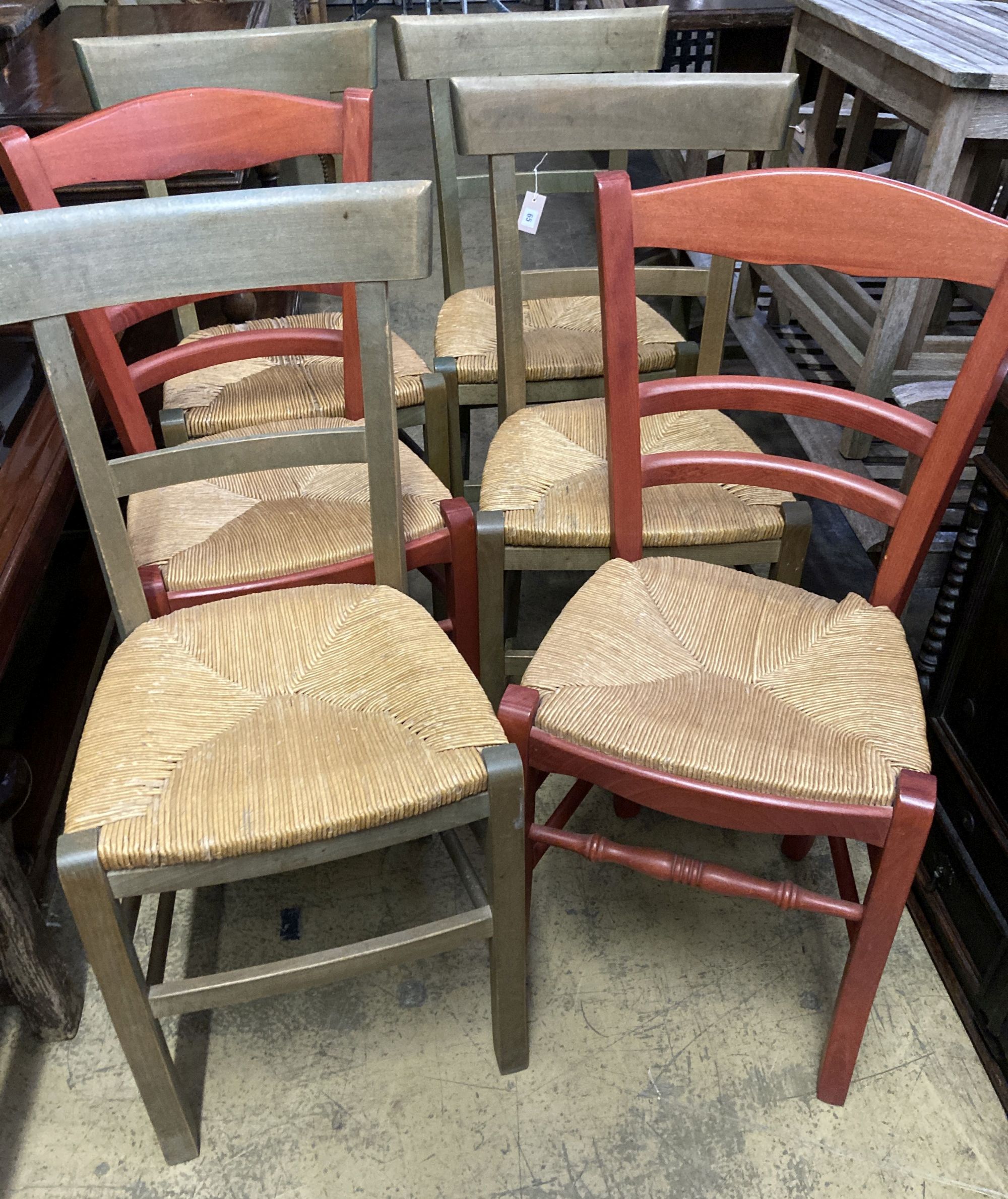 Six (four plus two) French stained beech rush seated dining chairs